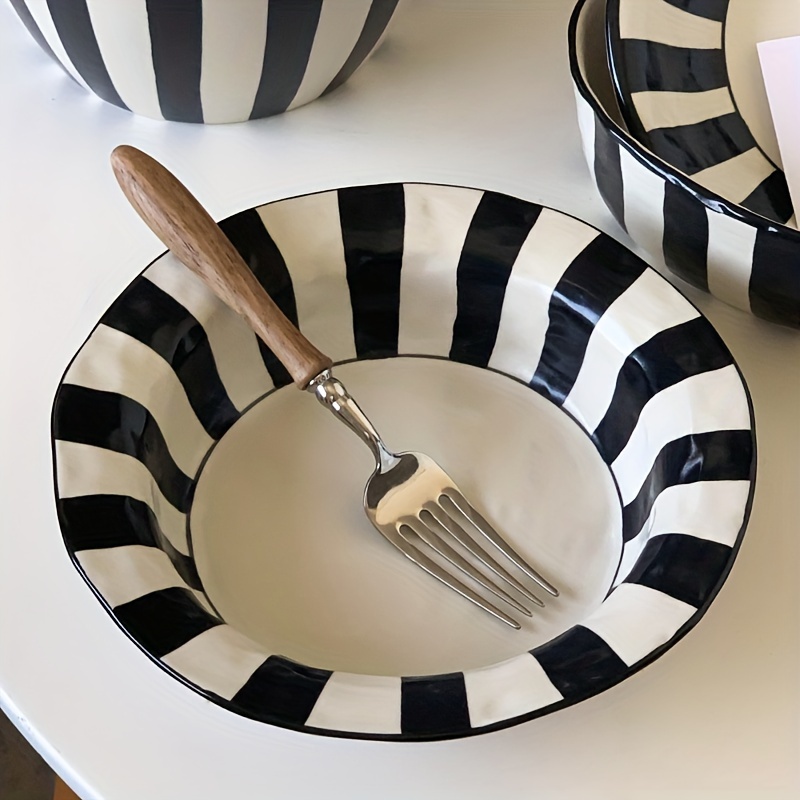 

Vintage Black And White Striped Ceramic Dinnerware Set - Microwave Safe, Round Deep Plate Noodle Bowl, Straw Hat Bowl For Salad & Soup - Premium Kitchen Tableware For Home Gatherings & Parties - 1pc