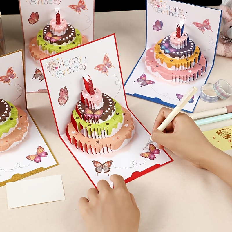 Image of Set Of 4 Three-dimensional Birthday Cake Pop-up Greeting Cards With Envelopes, Stylish And Luxurious Birthday Cards