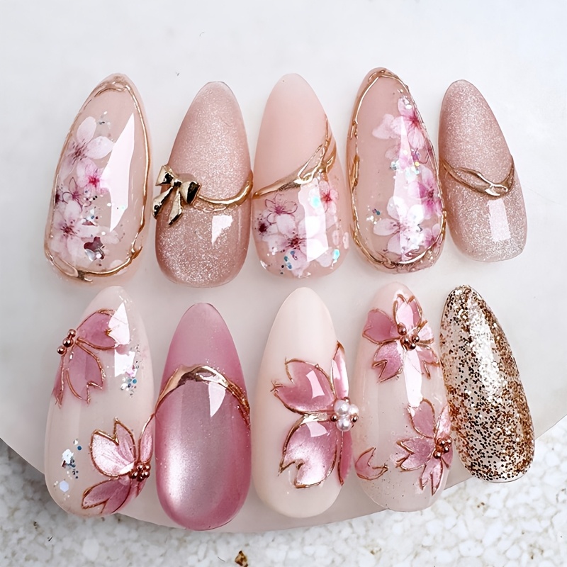 TEMU [elegant 3d Nails] 10pcs Medium Almond Press On Nails Glitter Powder Hand Drawn Flower And 3d Pearl Steel Bead Elegant European And For Casual