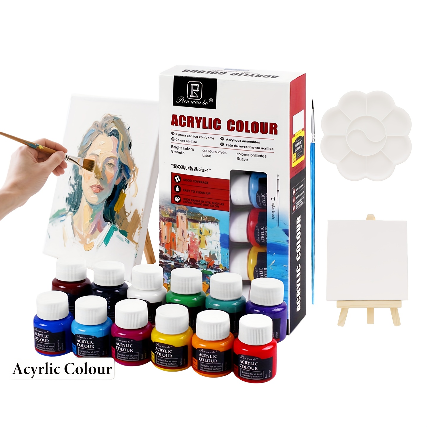 12-Color Acrylic Paint Set with Brushes, Palette, Easel & Canvas Frames