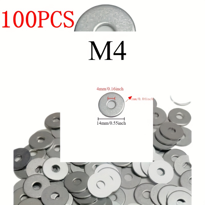 TEMU 100pcs 304 Stainless Steel Flat Washers, Thickened Flat Washers, Size M4*14*1mm / M5*16*1mm / Locking Flat Washers, Suitable For , Flat Washers