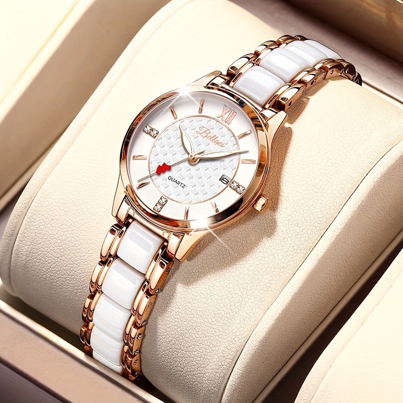 Women's Luxury Ceramic Watch with Date Display & Cupid Arrow/Dating Compass - Quartz Wristwatch Suitable for Students, Elegant Valentine's Day Gift, Ceramic Case &