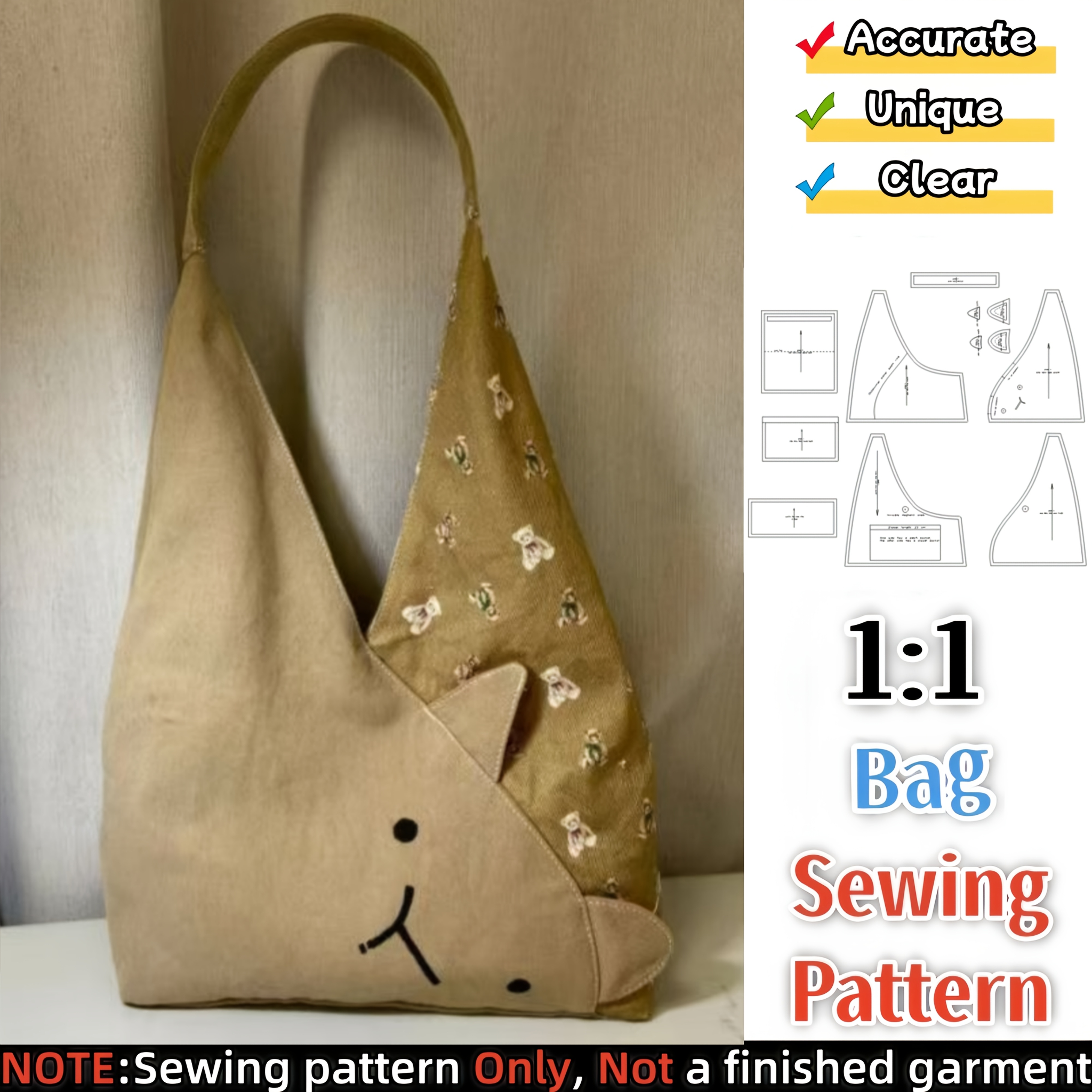 TEMU Sewing Pattern: Cute Cat Commute Canvas Bag. , Versatile For Multiple , 1:1 Scale Paper Template For Cutting, Easy Difficulty, Beginner-friendly