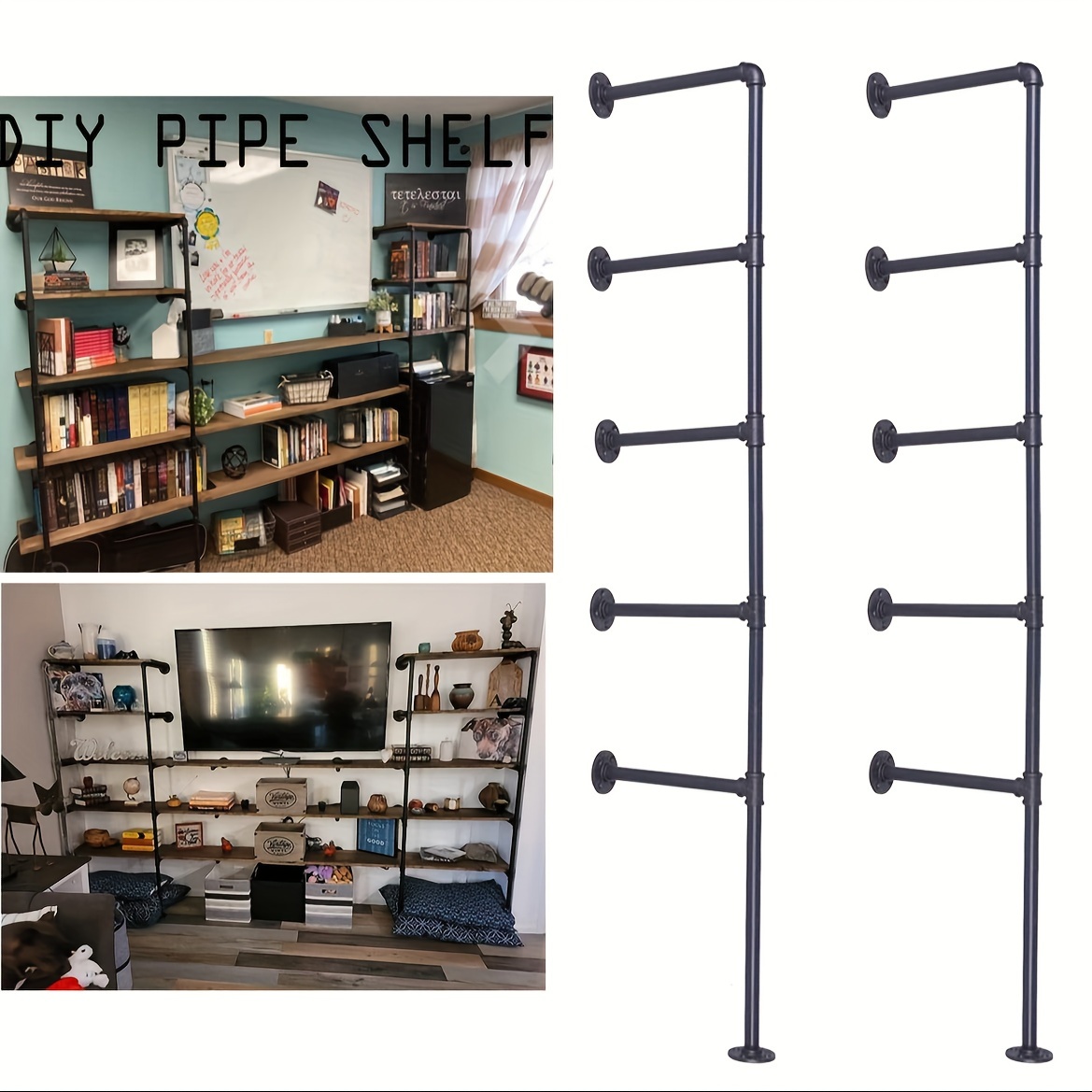 

Industrial Wall Mount Iron Pipe Shelf Bracket, Vintage Diy Open Bookshelf, Storage Shelves, Ceiling Hung Shelves For Home Kitchen Office (2pcsx5tier, 70" Tall, 12" Deep, Hardware Only)