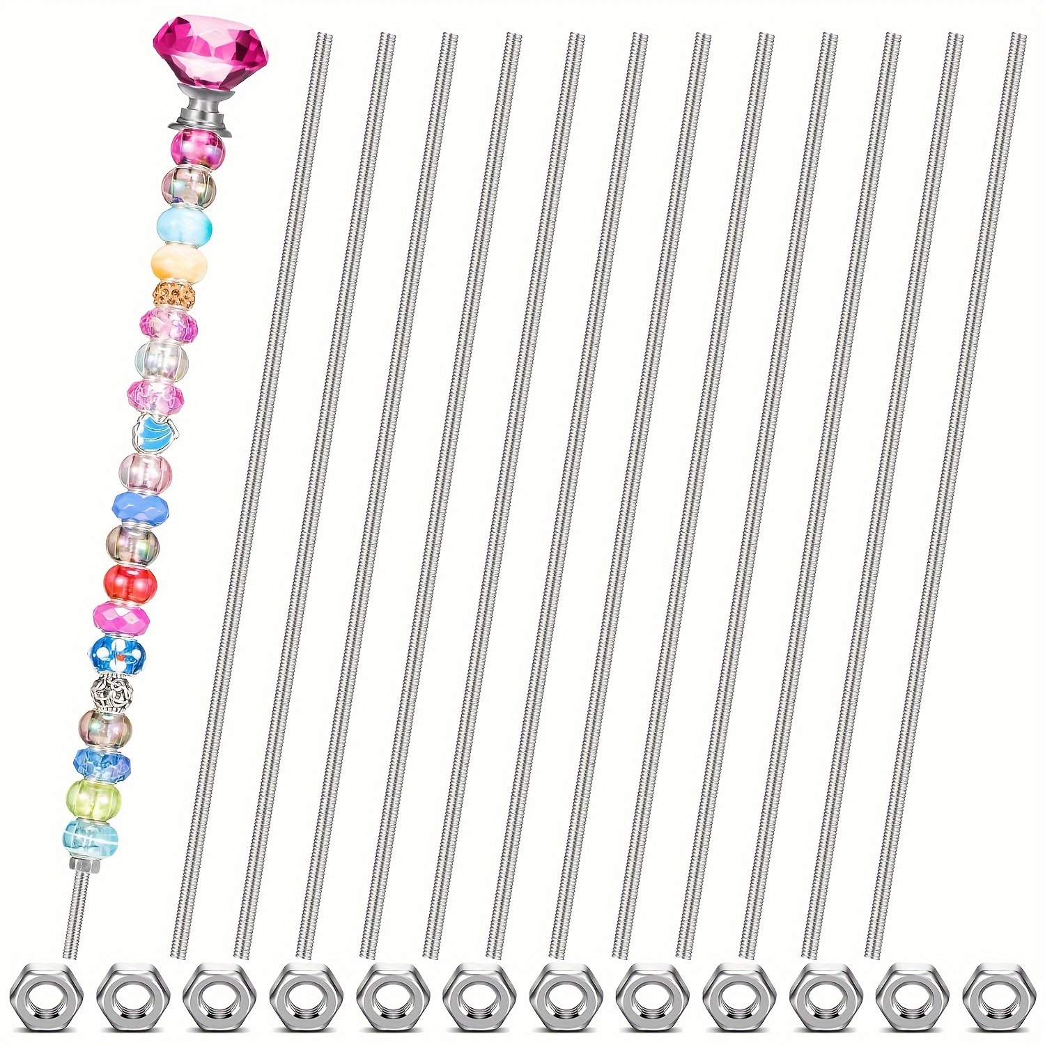 12pcs M4 Stainless Steel Threaded Rods With Hex Nuts, 8/32 Inch - Polished Finish, For Beading & Garden Stakes
