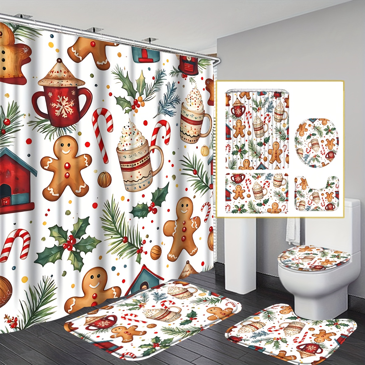 TEMU 4pcs Winter Christmas Shower Curtain Set, Cute Gingerbread For Man Candy Cane Bathroom Sets With Shower Curtain And Rugs And Accessories,
