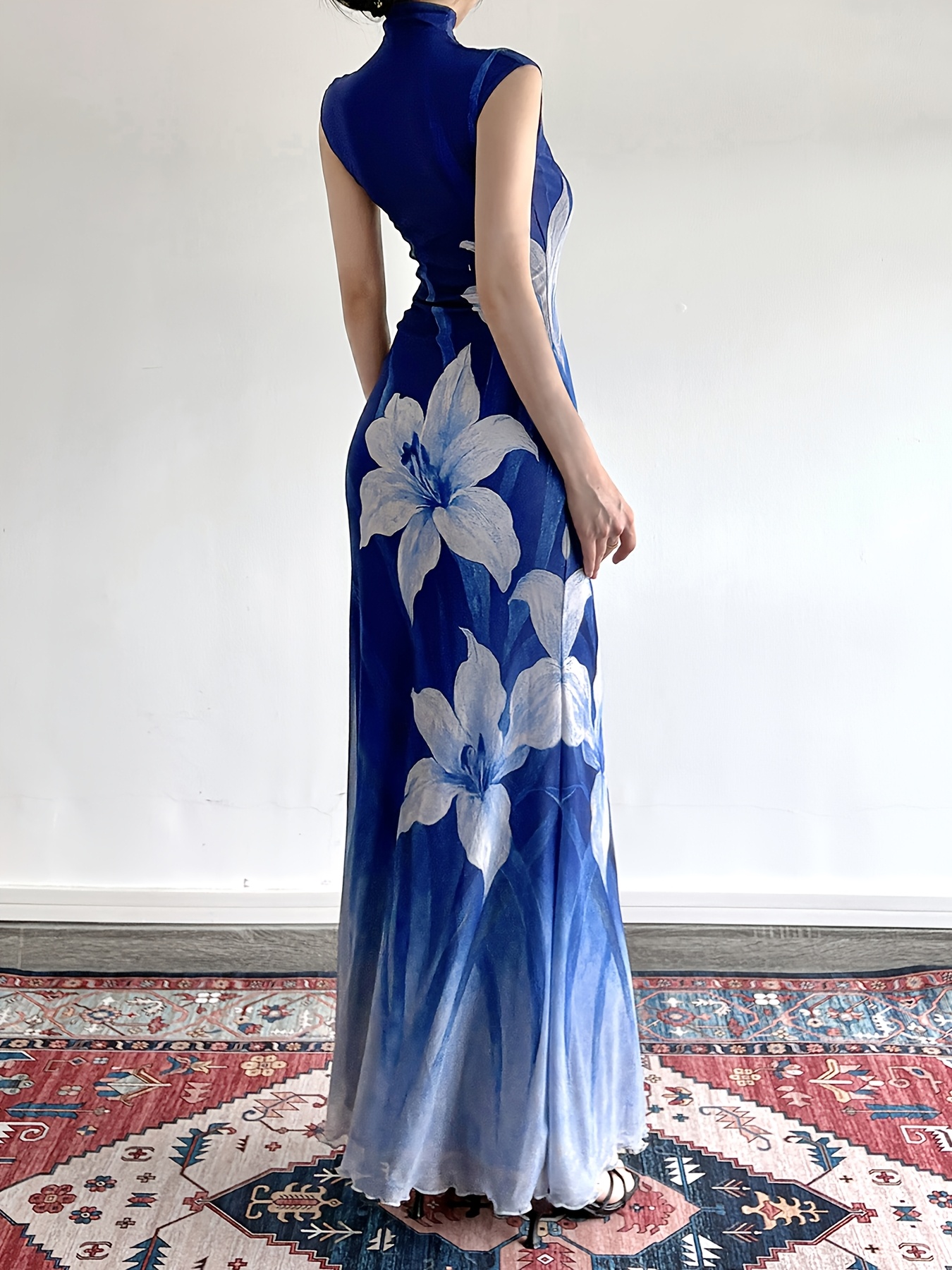blue mesh oriental dress AERV Floral Printed Gradient with a Chinese Style, Featuring a Fitted Waist And Long Design * Vacation Wear where every detail speaks