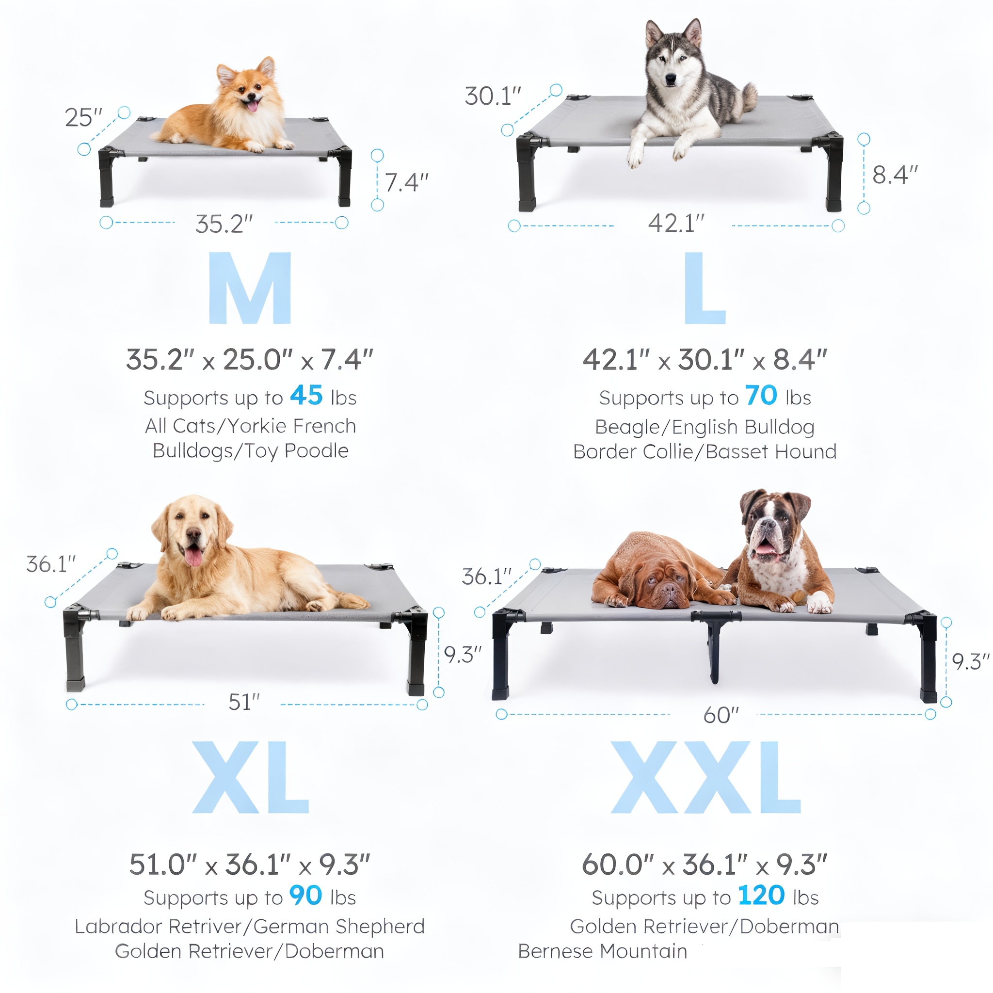 Højtstående hundeseng, kølende, højtstående kæledyrsseng med tyggefast, vaskbart, åndbart net og metalramme, bærbar hundeseng med skridsikre fødder til udendørs eller indendørs brug. Produktdetaljer 0