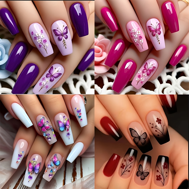96 unhas postiças de comprimento médio em forma de bailarina com designs florais e de borboletas brilhantes