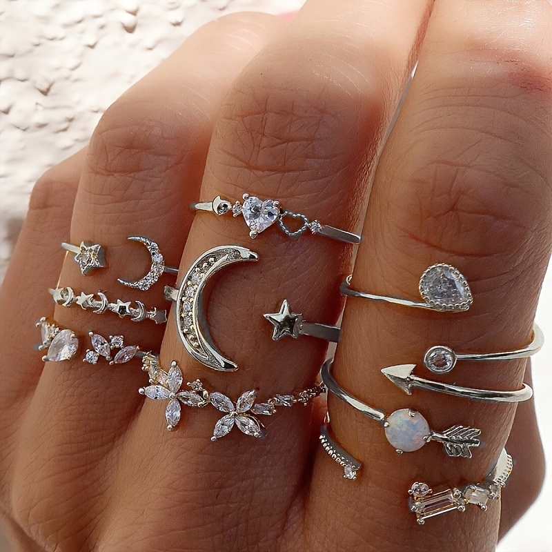 

Set Of 9 Elegant Bohemian Rings With Stars, Moons, Hearts, Butterflies, Water, And Flowers For Ladies' Jewelry Accessories