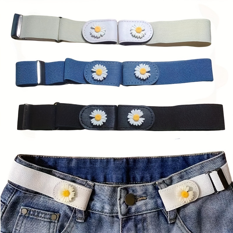 

3pcs Daisy Flower Canvas Elastic Belts For Women - Casual Sweet Style, Woven Weekend Belts For Jeans, Average Size Elastic Waist Belt Without Feathers