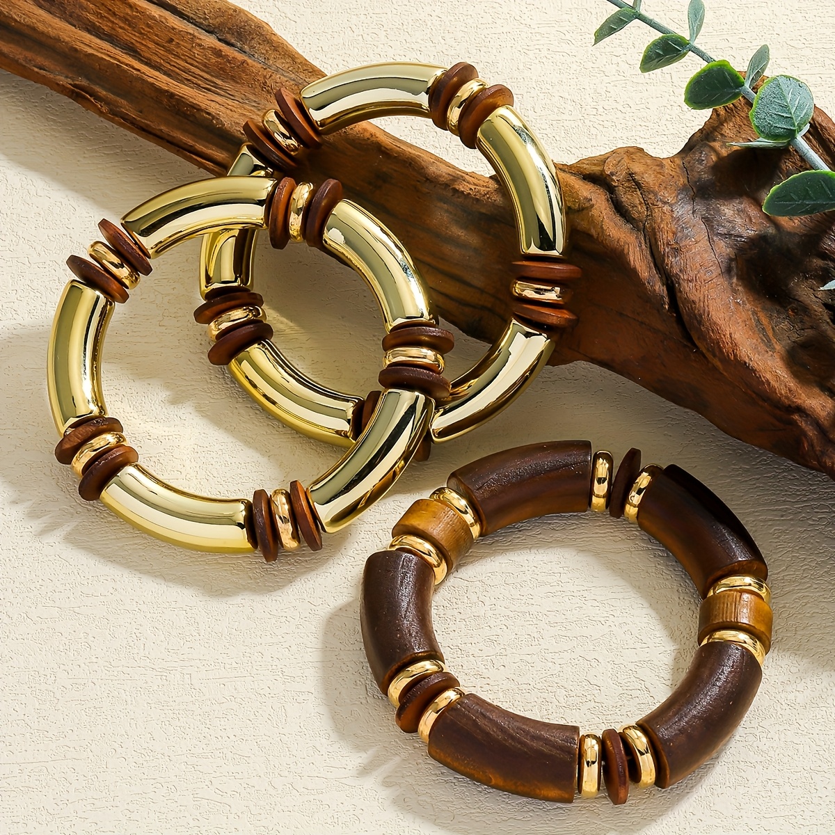 Vintage Boho Wooden Bangle & Necklace Set - Light Brown Tone