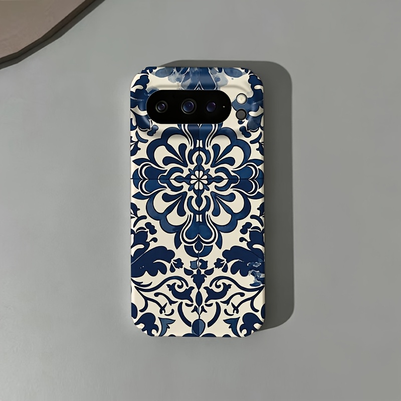 TEMU Phone Case - Suitable For Google Pixel 10/9/8/7a, Pro, Proxl, Film Hard Phone Case, Blue Floral Tile, Fashionable Printed Minimalist High-end