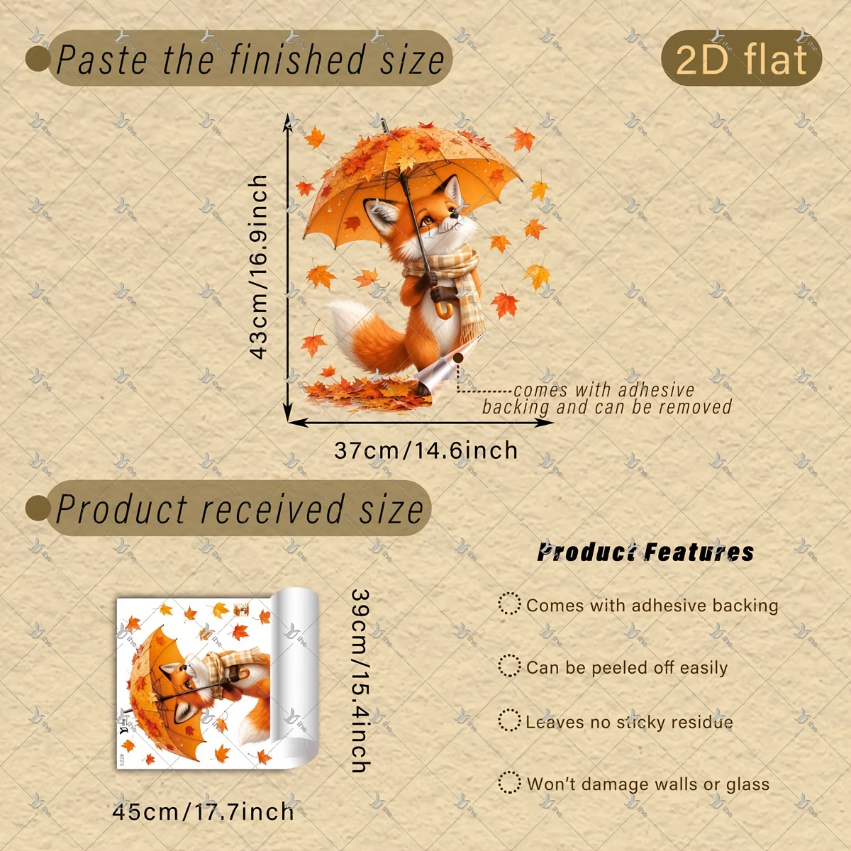 TEMU 2d Flat - 1pc 2d Flat Printed Autumn Fox With Scarf And Umbrella Maple Leaf 40 X 45cm Window Stickers, Creative Self-adhesive Removable Pvc