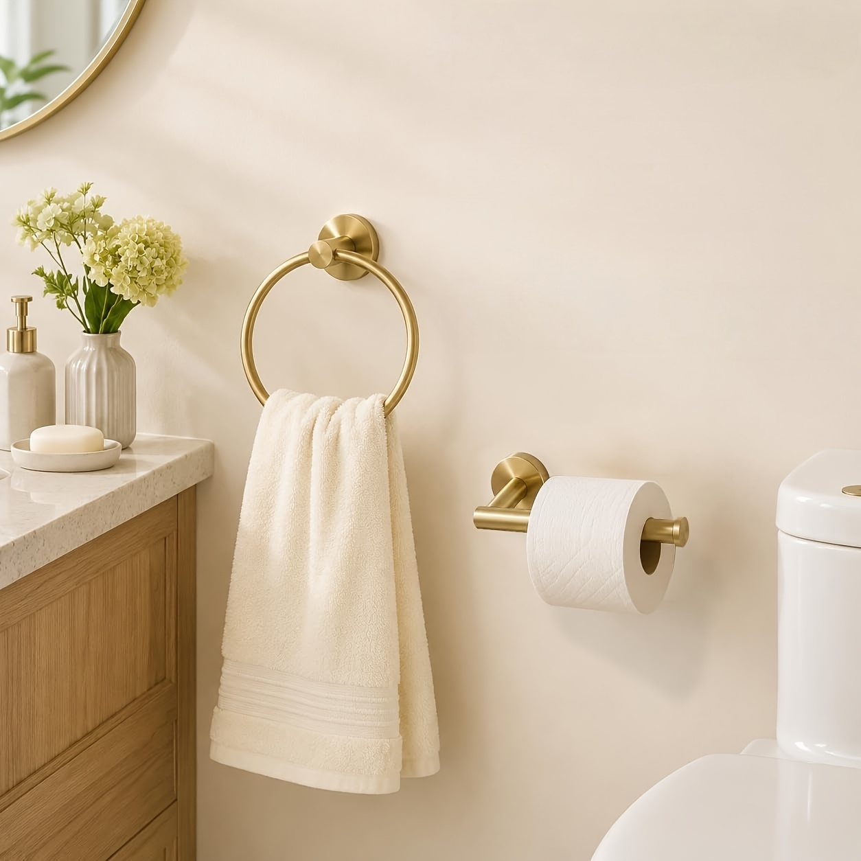 TEMU 2pcs Brushed Golden Stainless Steel Bathroom Hardware Set, Towel Ring And Toilet Paper Holder, Drill Wall Mount With Full Installation Additions