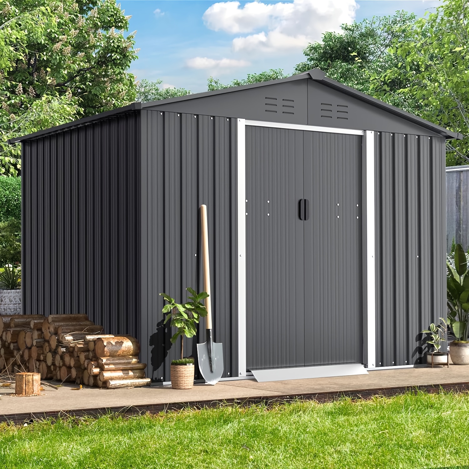 

8x6 Ft Spacious Waterproof Metal Storage Shed, Sliding Door, Lawn Equipment Organizer, Garden, Backyard Storage Solution, Durable, Rust-resistant, And Easy To Assemble, Gray