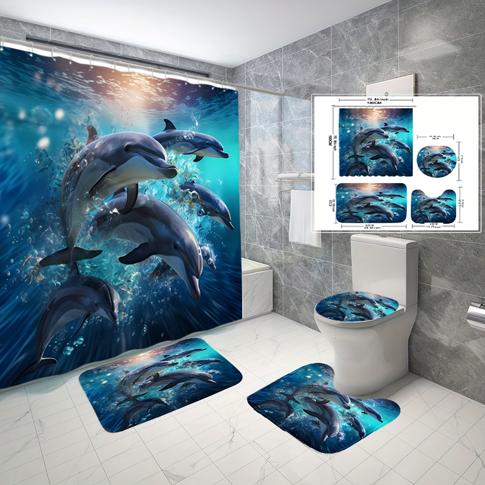 

1/3/4pcs Dolphin Series Digital Printed Waterproof Shower Curtain And Carpet, Modern Home Bathroom Decor Shower Curtain With Carpet And Toilet Lid
