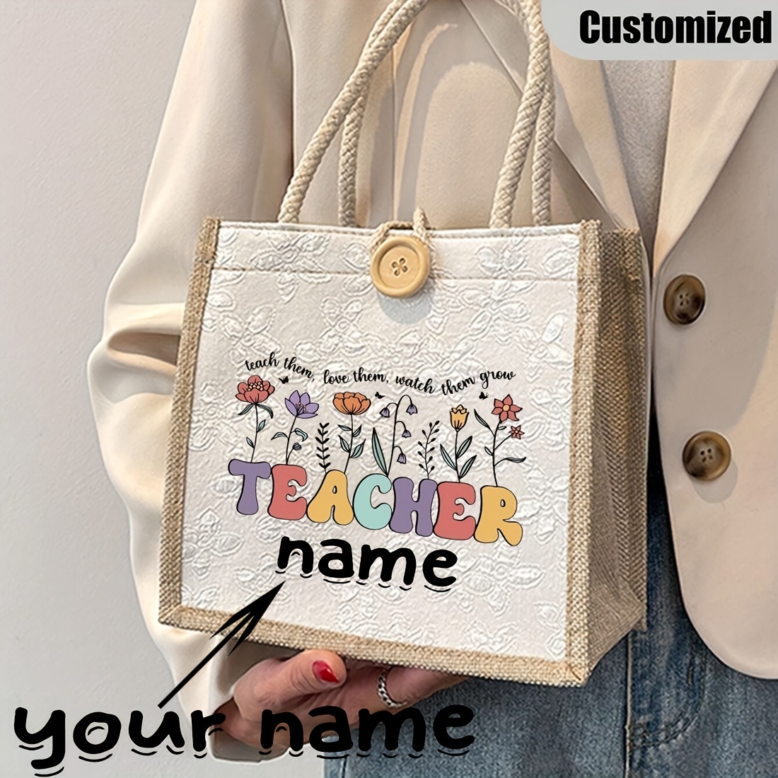 TEMU Sac personnalisé avec nom et remerciement pour enseignant, imprimé floral, mini sac décontracté, idéal pour les quotidiens et . parfait pour les
