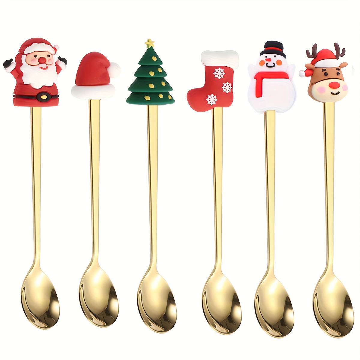 TEMU 6pcs Christmas Spoon And Fork Set, Stainless Steel Dessert Spoon And Fruit Fork With Christmas Tree, Santa Hat, Golden And Silvery Design,