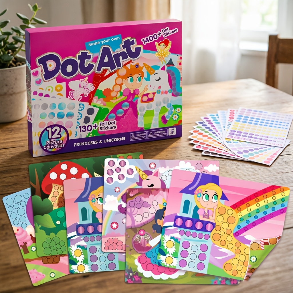 TEMU Syncfun Unicorns And Princess Dot Art Markers For Kids, 12 Picture Canvases And 130+ Foil Dot Stickers, No Mess Sticker , Crafts Supplies,