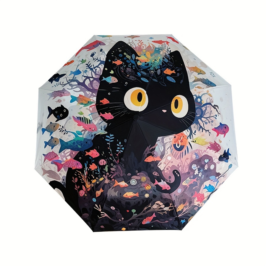 

Black Cat Pattern Folding Umbrella With 8-, Manual Opening, And Plastic Handle - Travel And Use