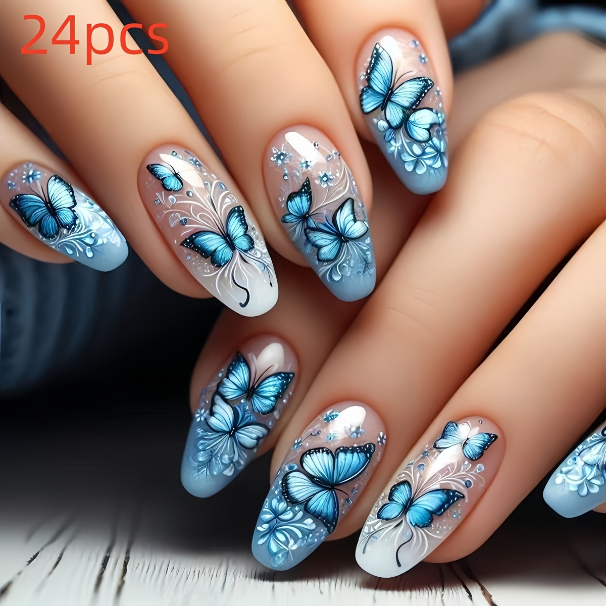 

24pcs -shaped Press-on Nails Set With Butterfly & Floral Designs - , Medium Length - Includes Jelly Adhesive & Nail File For Women