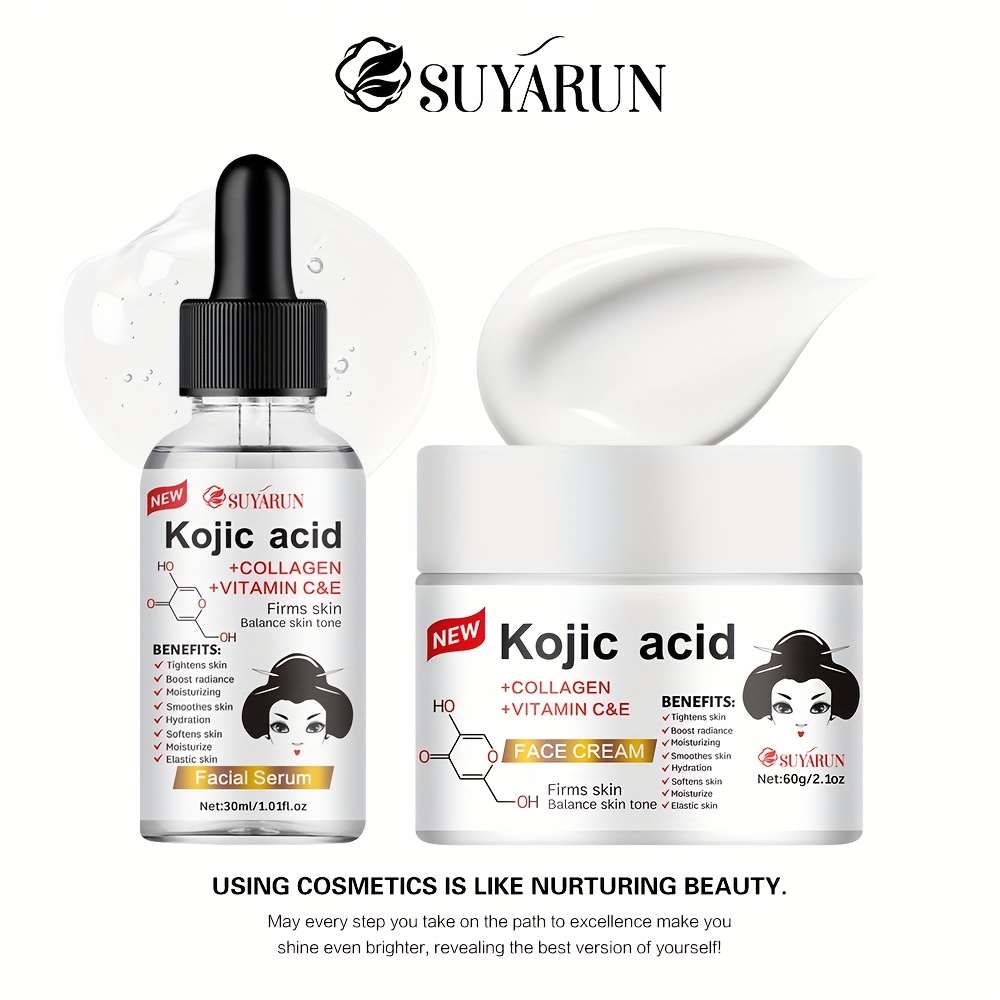 suyarun kojic acid facial skincare set cream serum dual hydration moisturizing with niacinamide vitamin c 10 plant based squalane collagen brightening firming light beige gentle non greasy formula details 8