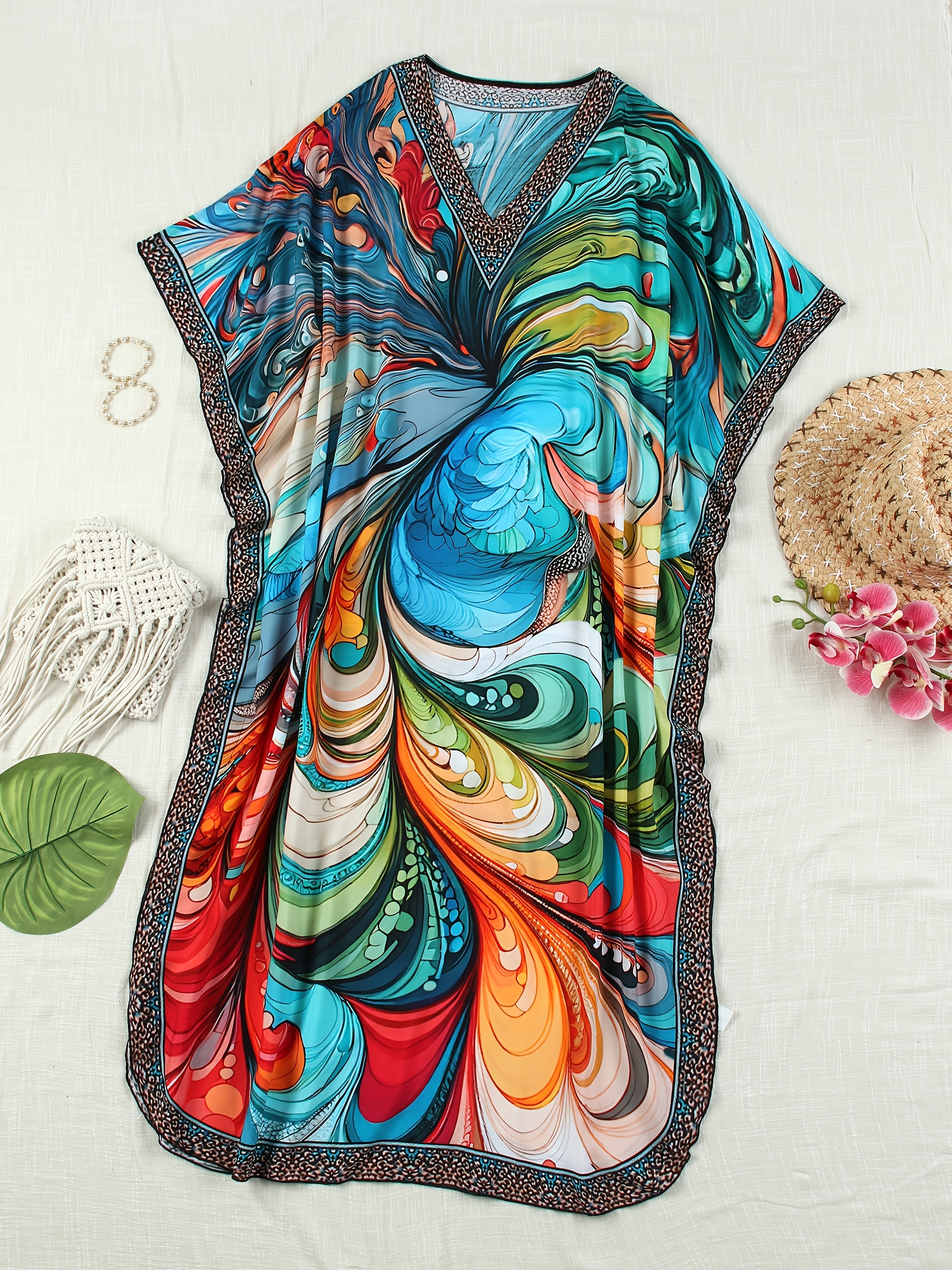 Robe Kaftan Grande Taille à Encolure en V - Imprimé Floral Multicolore Éclatant, Robe Longue Ample pour Femme, Idéale pour la Plage et Sorties Estivales Décontractées, Pareo de Plage | Robe à Imprimé Vif | Tissu Fluide, Robes de Plage