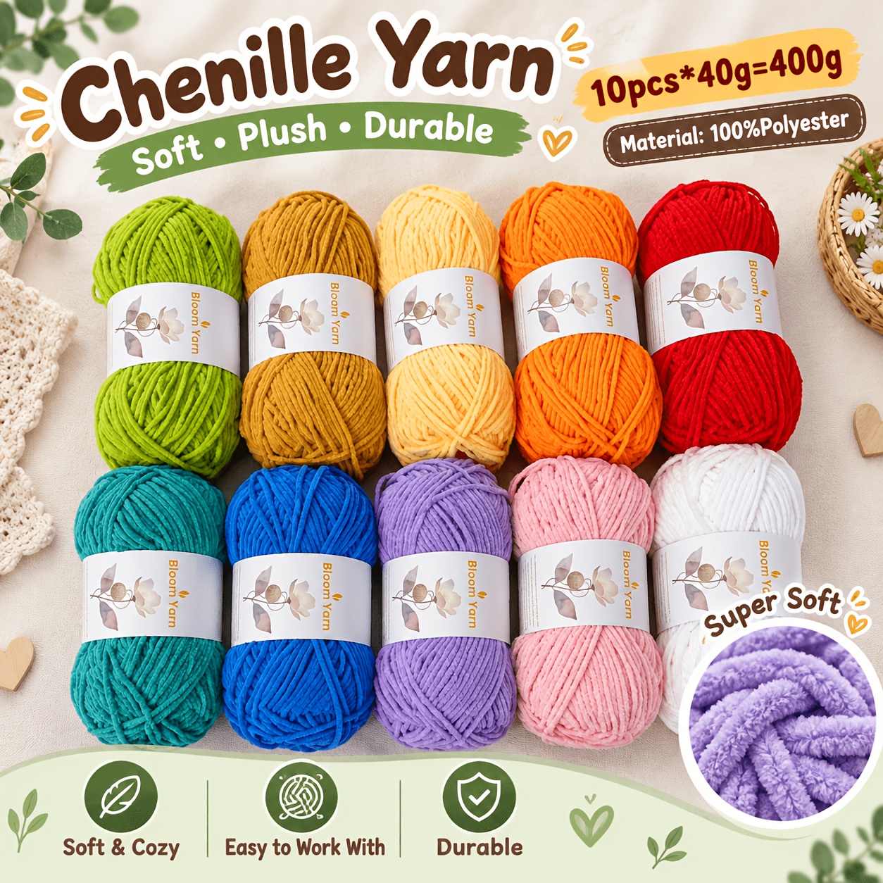 TEMU Fil de peluche 400G Automne Hiver, Fil acrylique épais de 2 mm ne se décolore pas, Pack multicolore pour la fabrication de breloques de sacs,