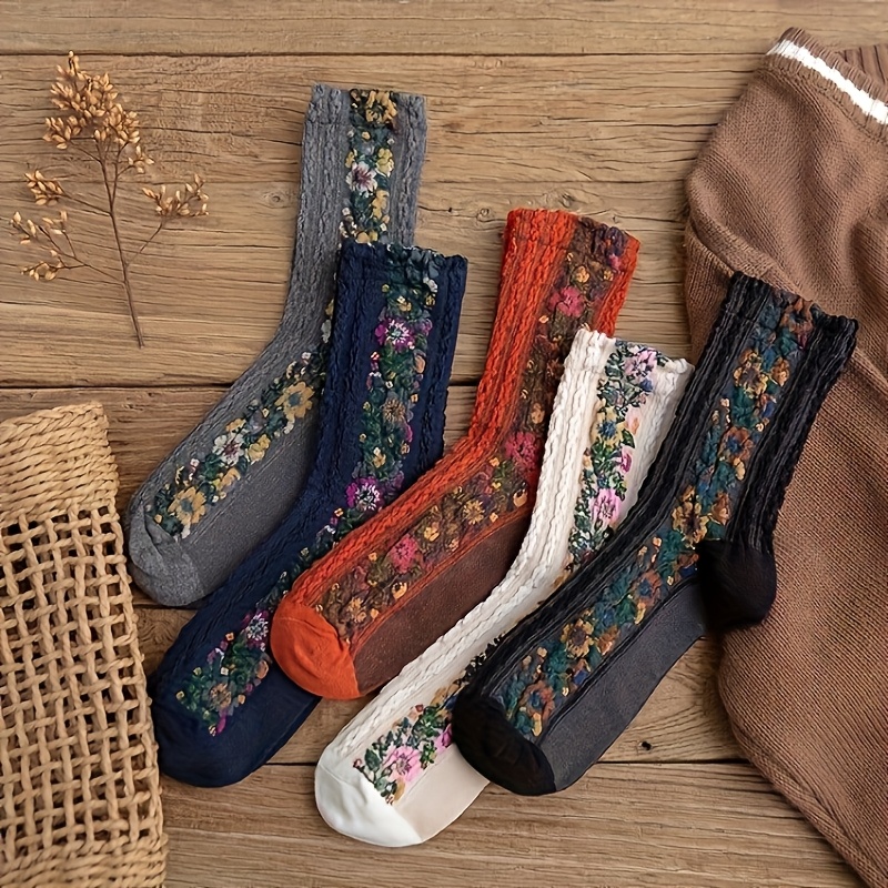 TEMU 5 Pairs Style Retro Floral Elegant Ethnic Style Comfortable Soft Breathable Sweat-absorbing Casual 's Mid-calf Socks Socks