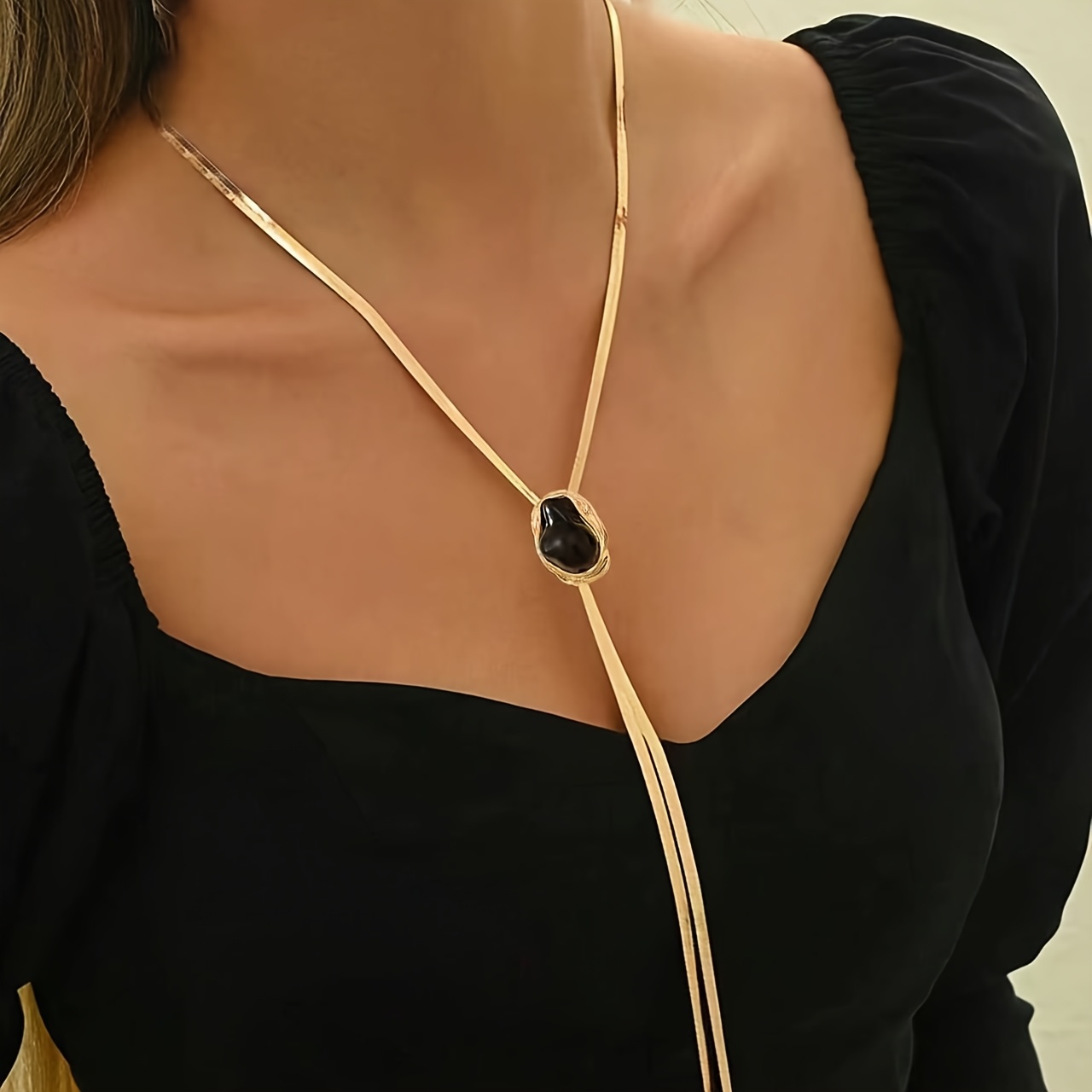 Women's Asymmetrical Imitation Black Pendant Tassel Necklace