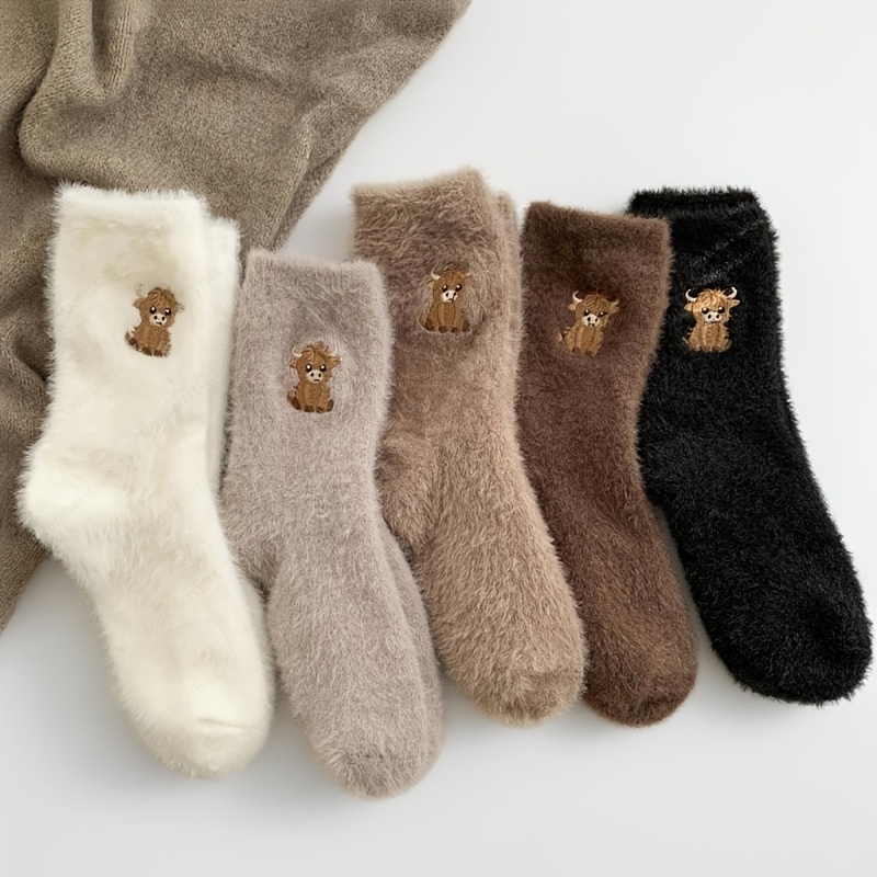 5 pairs of womens calf embroidery plush socks winter thickened warm floor socks cartoon warm   sleep     versatile womens socks