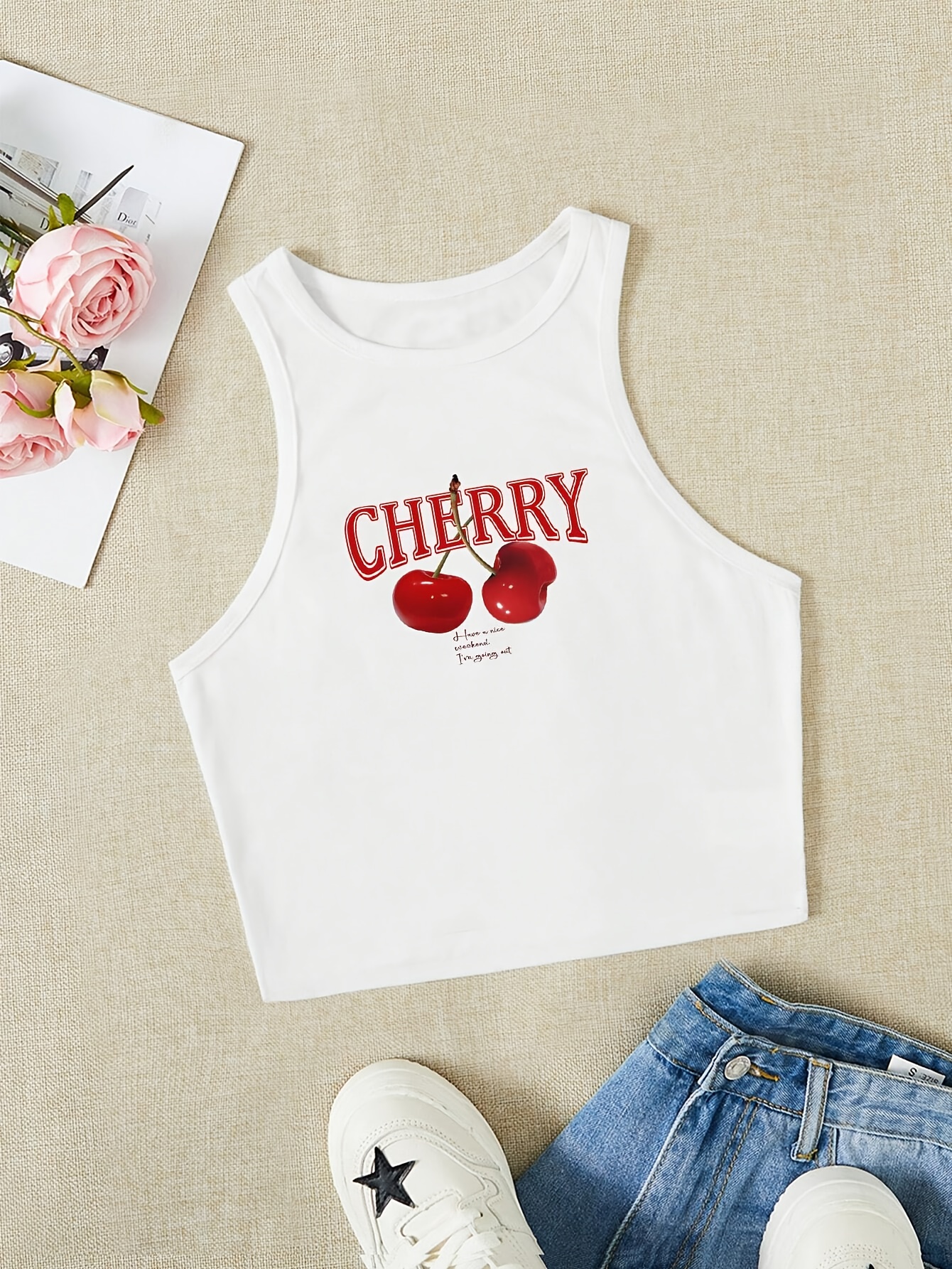 Women's Elegant Cropped Graphic Tank Top - Cherry Print Semi-Sheer Stretchy, Round Neck Sleeveless Shirt, Machine Washable All-Season Casual Top, Ladies Tank Tops, Playful Summer Wear