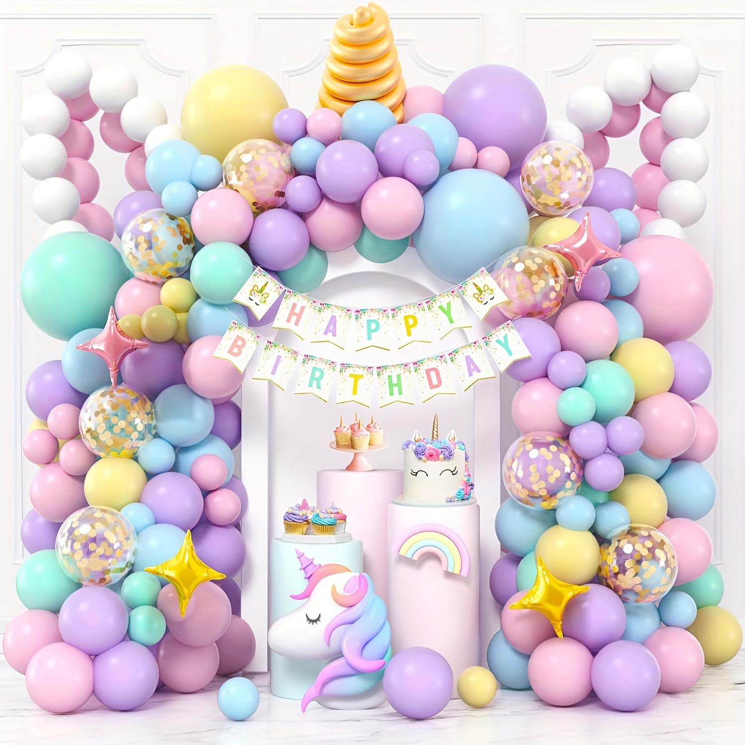 

173pcs Unicorn & Macaron Balloon Set - Birthdays, Weddings, Anniversaries & More - Includes & Foil Balloons With Banner