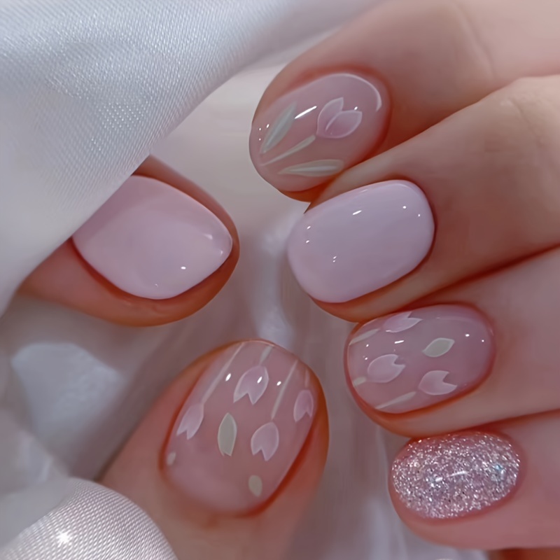 

24pcs Tulipes Roses et Paillettes Ongles Courts Carrés Press-On, Finition Brillante Faux Ongles Courts Pour Femmes Et Filles