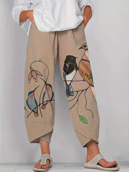 immagine dell'articolo pantaloni larghi con stampa uccelli, pantaloni casual con elastico in vita tasche per e lestate, abbigliamento donna