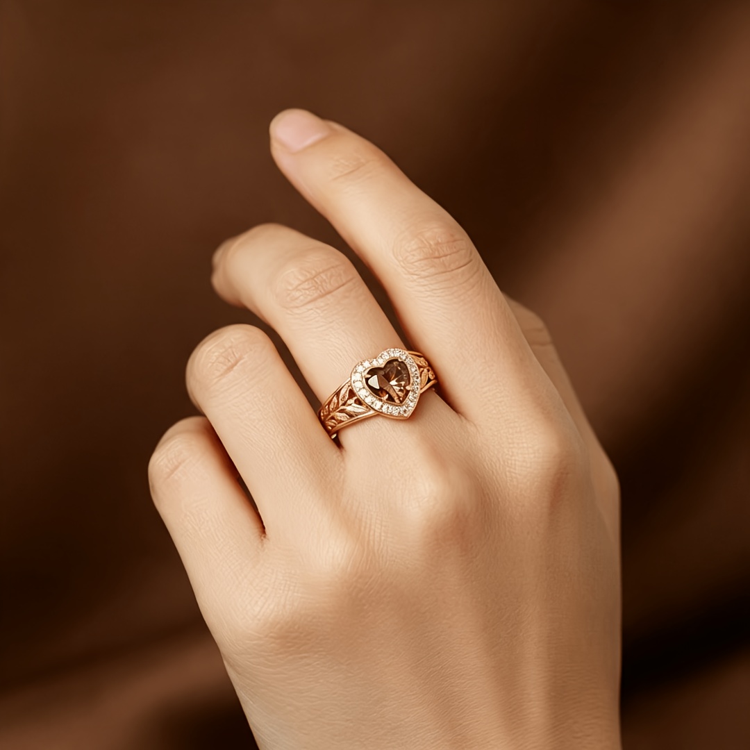 TEMU 1pc Bohemian Hollow-out Floral Leaf Ring With Heart-shaped Synthetic Cubic Zirconiaia Center Stone - Suitable For Wedding, Party, Everyday,
