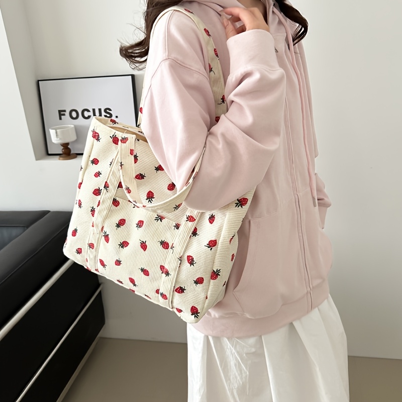 TEMU Elegante borsa tote in velluto a da donna, da un design a fragola, dotata di resistenti spalline e chiusura con zip, foderata in poliestere.