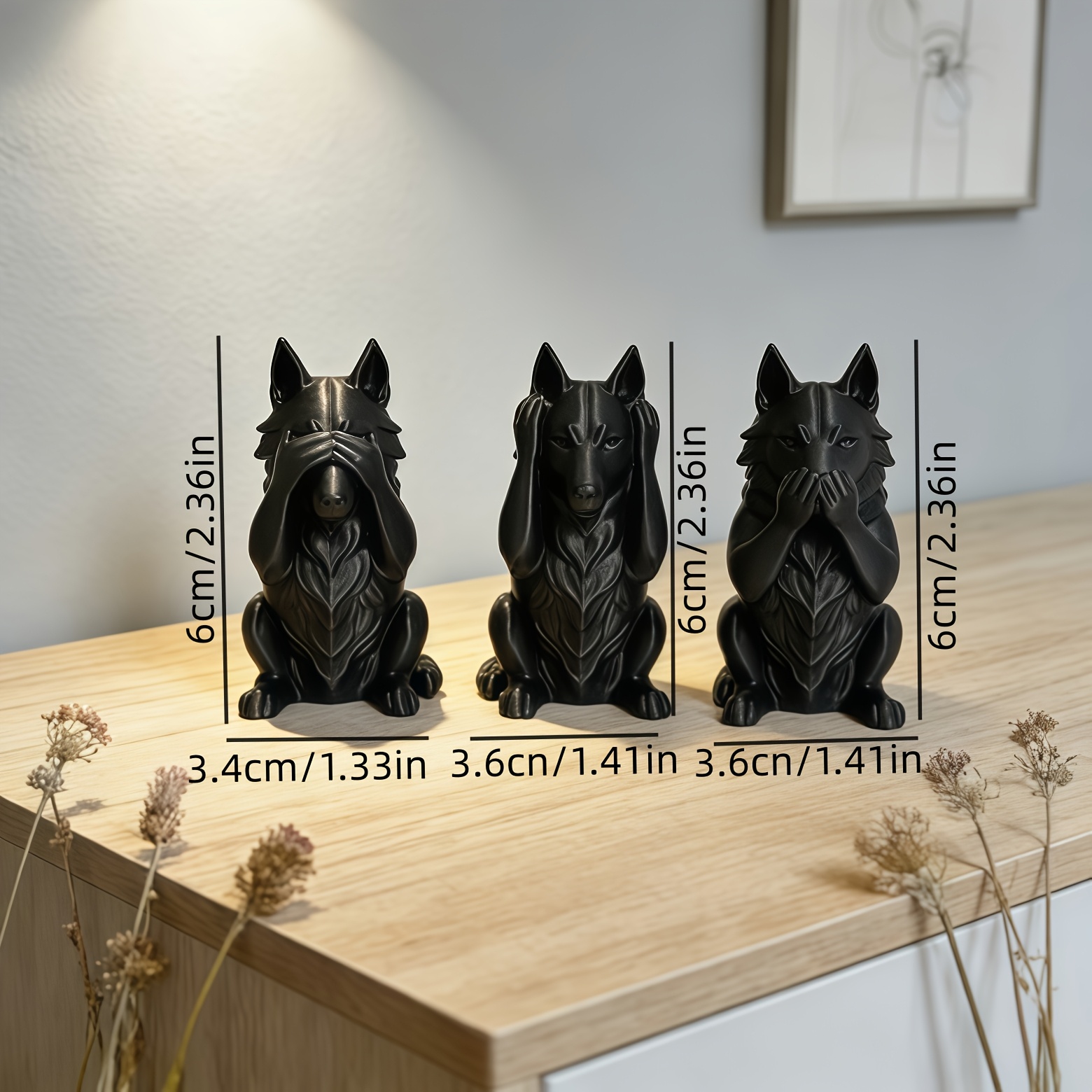 Image of 3 Piece Set - Listen, Speak, Watch Black Wolf Statue, Home And Office Desk Decoration, Gothic Bookshelf Decoration, Wolf Collectibles, Wolf Enthusiast Gifts All Coloring/valentine's Day/christmas