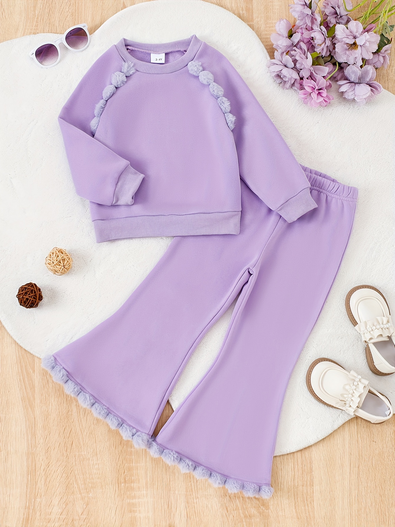 Girls' Solid Color Long-Sleeve Top and Flared Pants Set