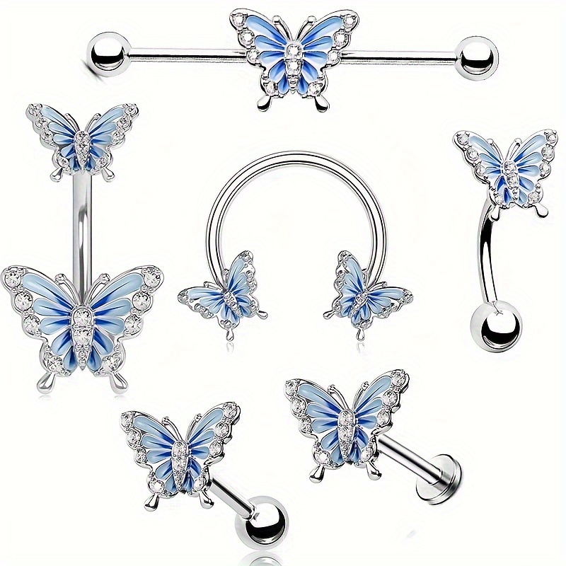 

6pcs Ladies Stainless Steel Blue Butterfly Navel Pin Straight Navel Ring Earring Earring Earring Piercings For Ladies Daily Party Beach Bar Wear, Valentine's Birthday Gifts