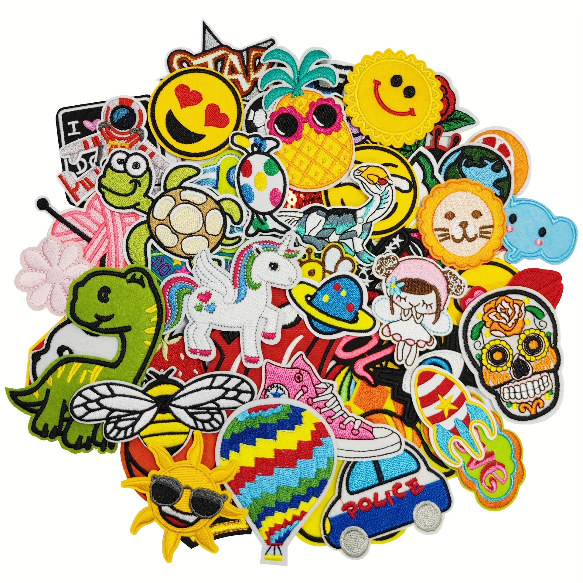 

60-piece Mixed Design Iron-on/sew-on Patches - Cartoon, Fruit, Floral & Animal Embroidery Appliques For Clothing, Bags & Diy Crafts