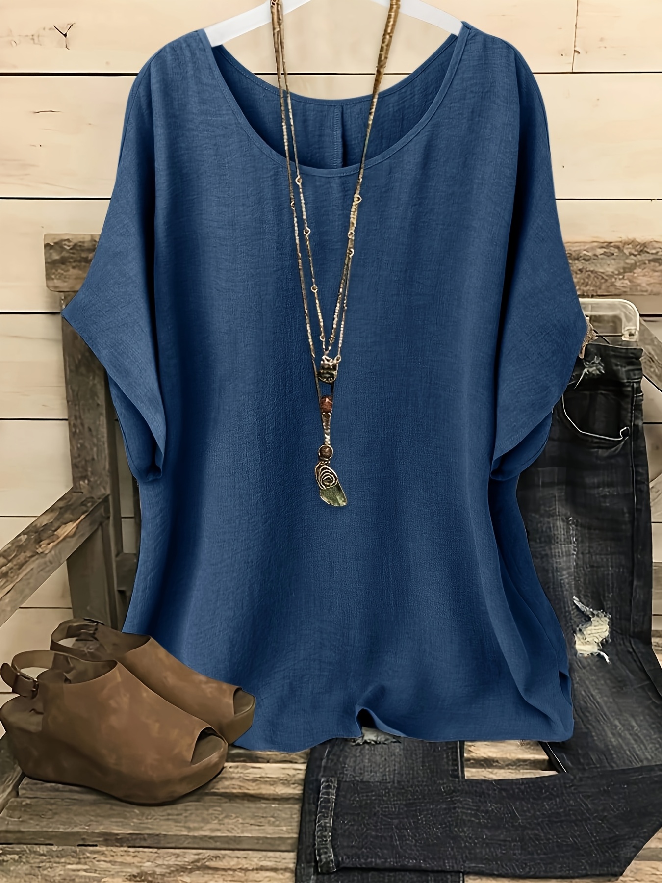 Plus Size, Plus Size Women's Casual Summer Batwing Sleeve Blouse - Olive Green Solid Color Round Neck Short Sleeve Shirt, Machine Washable & Dry Cleanable, Elegance Collection