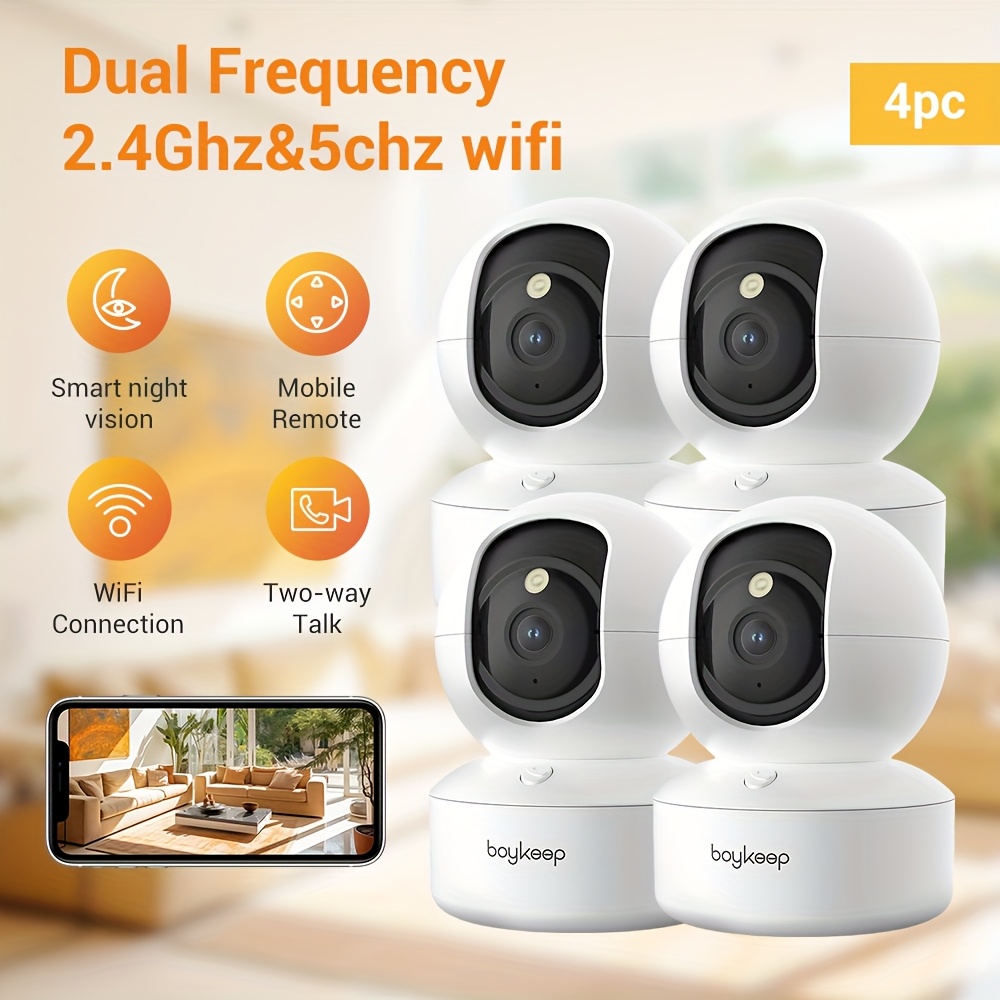 Image of Set Of 4 Boykeep 5g/2.4ghz Wifi Smart Cameras, High-definition Indoor , Camera For Families, 360° Panoramic Surveillance Video, Night Vision Capabilities, Communication, Storage