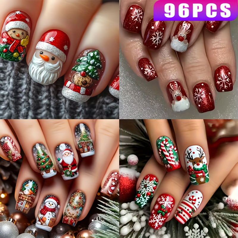 TEMU 96pcs Christmas Style Wearable Nails - Reindeer & Colorful Candy Christmas Carnival, Removable Press-on Fake Nails