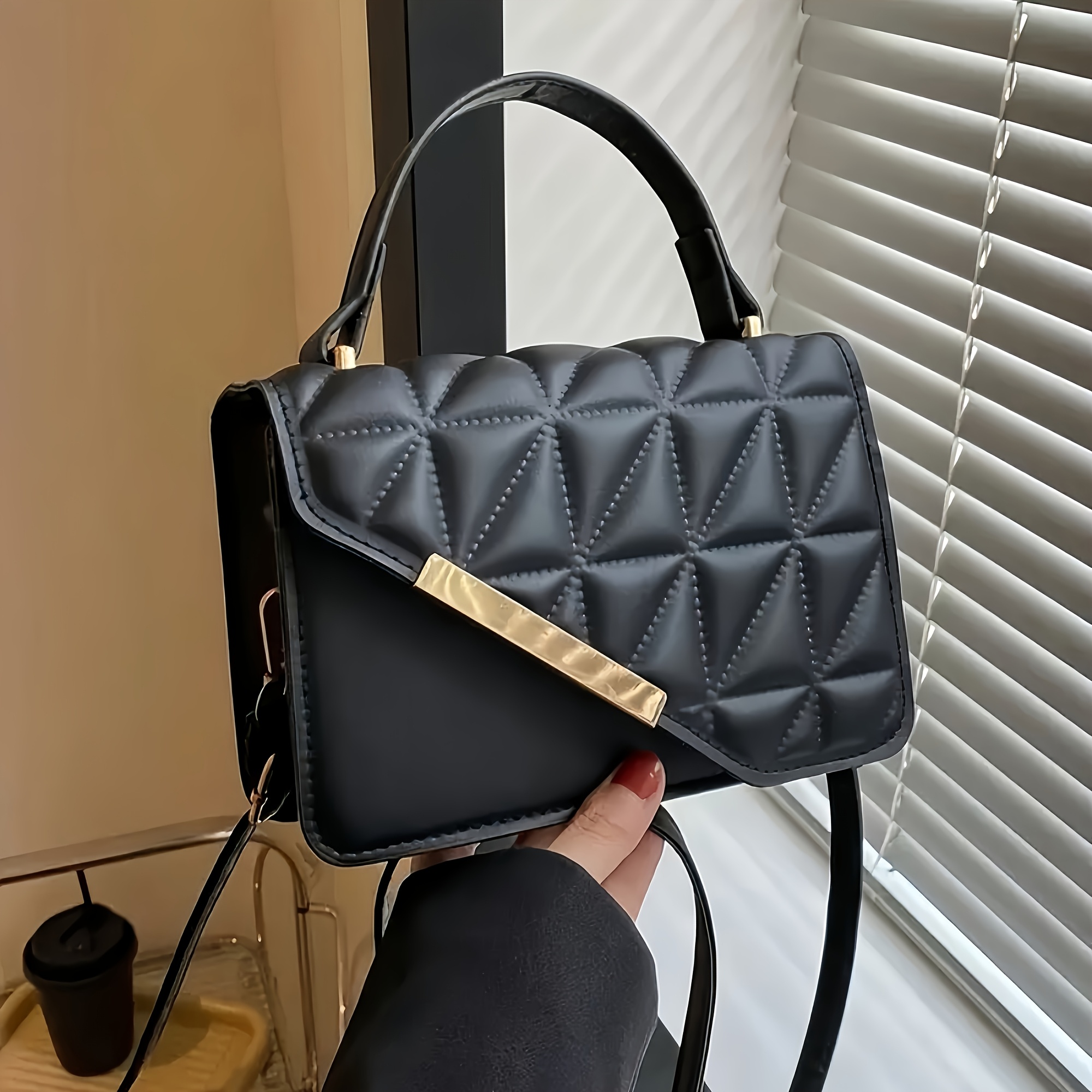 

Stylish Black Quilted Women’s Crossbody Bag With Adjustable Strap - Diamond Pattern, Golden-tone Plaque, Use, Small Crossbody Bag