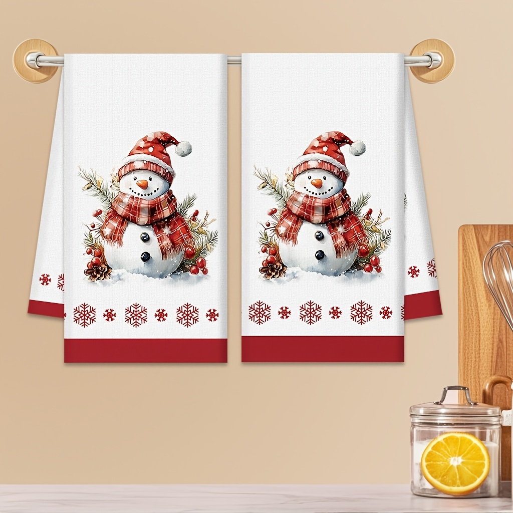 TEMU Set Of 2 Watercolor Christmas Snowman Themed Kitchen Towels, Vintage Red Scarf Snowman With , , And Snowflake Print, Simple Holiday Design With