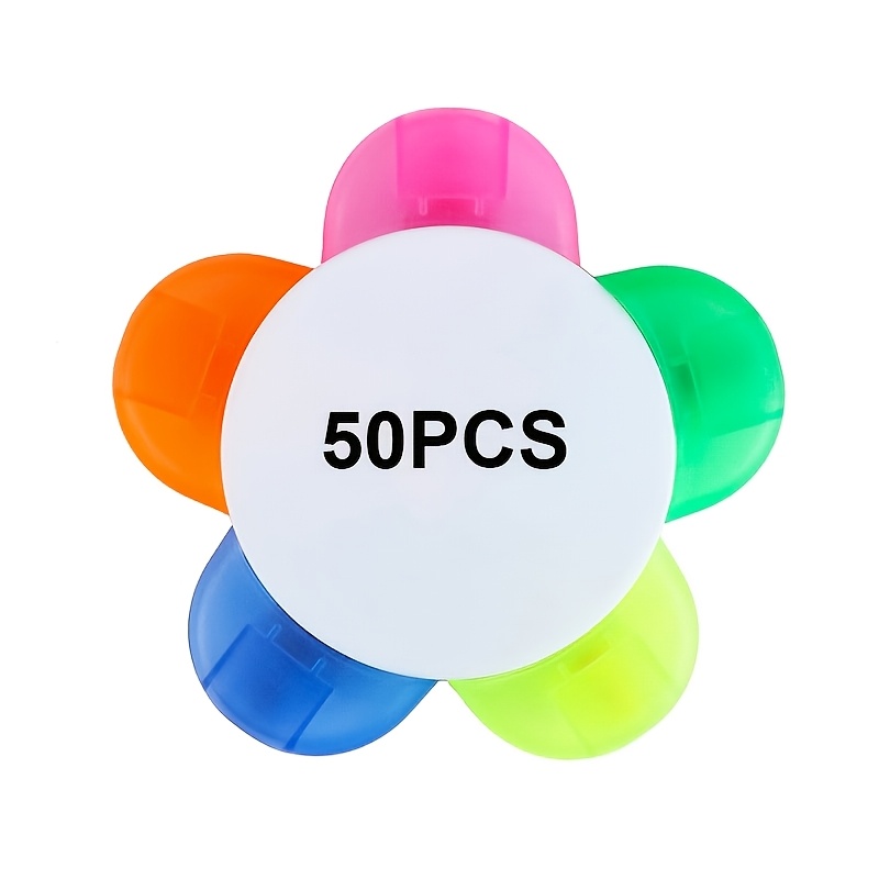 Lot de 50 surligneurs et marqueurs Fleur Porte-Bonheur cinq couleurs - Personnalisables avec motifs LGOG exclusifs, adaptés pour le bureau, les cadeaux promotionnels, le dessin, le marquage de pages, marqueurs à pointe plastique pour les événements publicitaires et de branding