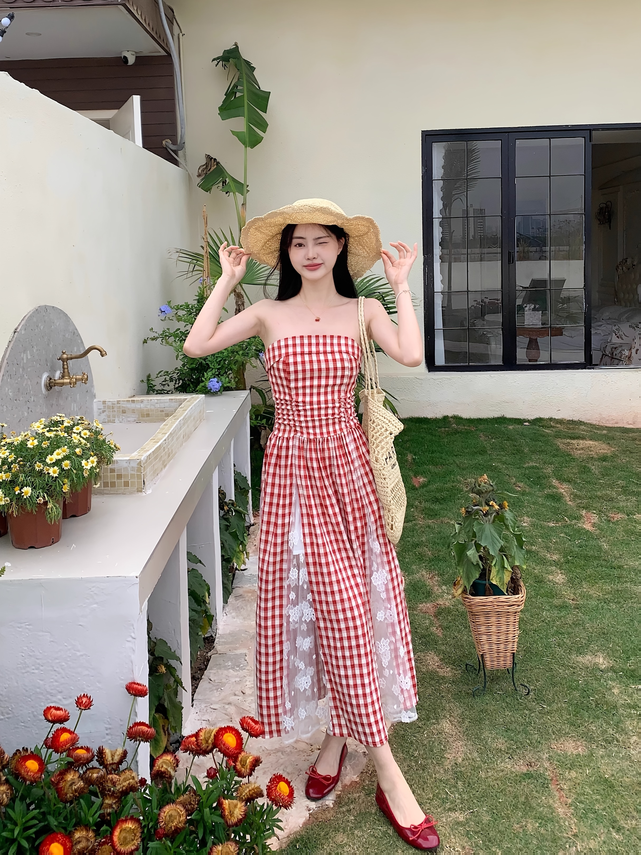 chinese dress ladies Gingham Lace Cami Mini Dress (Red) S