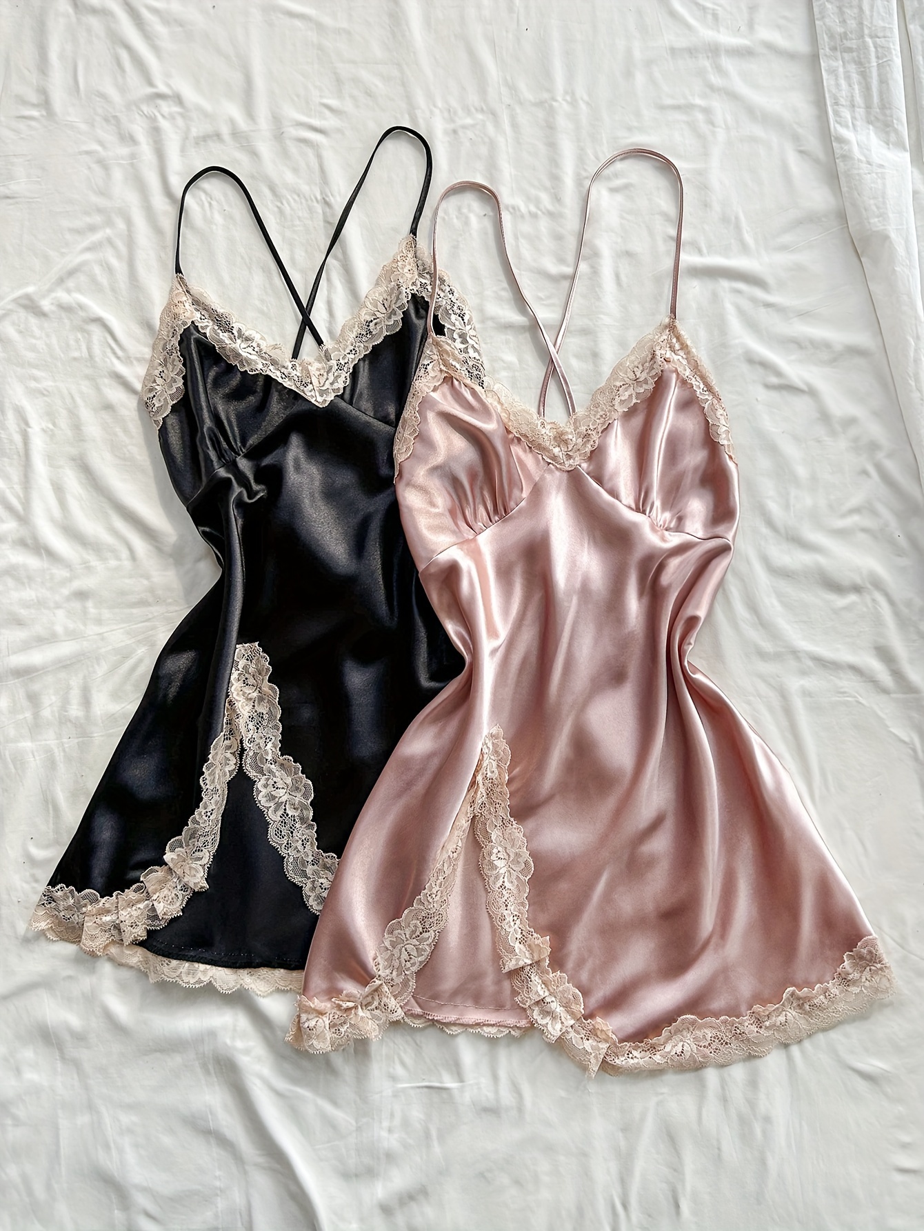 * Solid Satin Lace Trim 2pcs Sleepwear Dress Set - V-Neck Backless Cross  Strappy Split Hem Nightgown - Comfortable